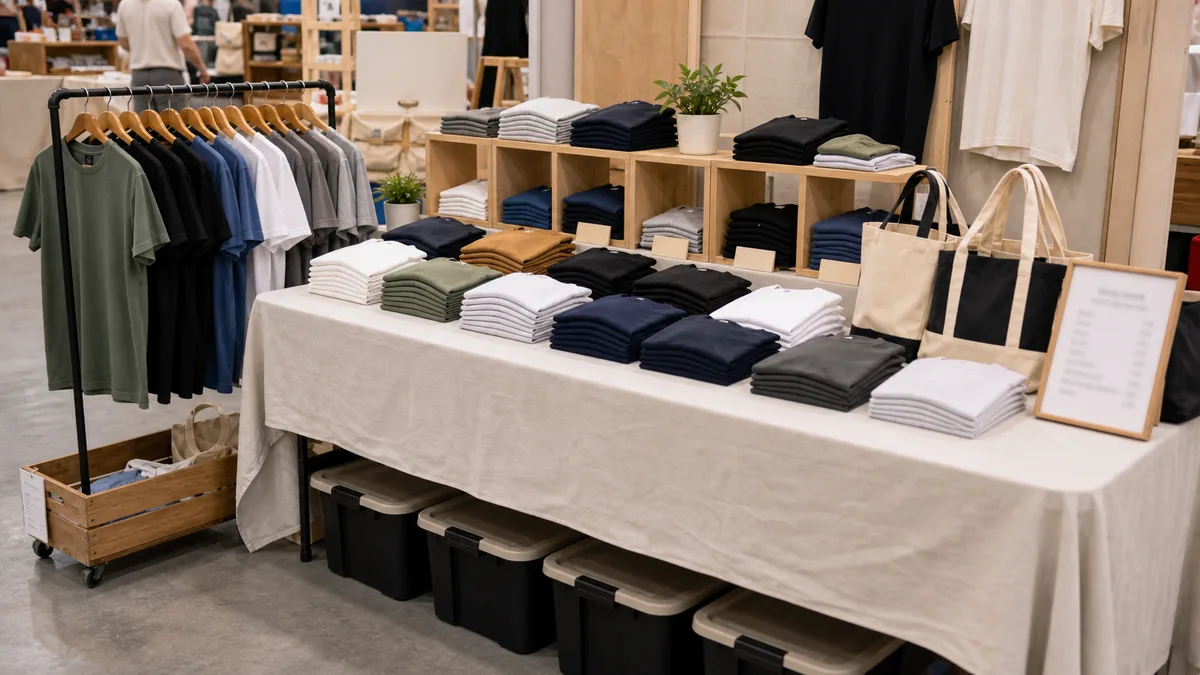 Apparel booth with folded T-shirts, rack and stock sorted by size