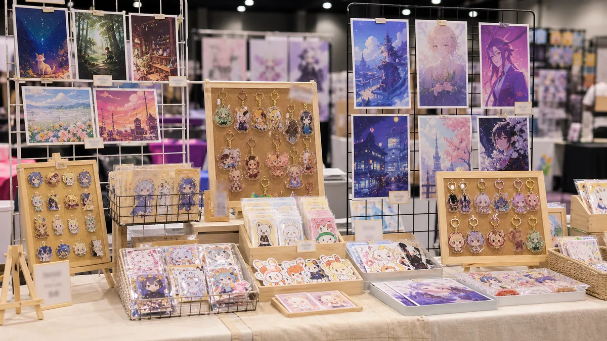 Table Artist Alley avec prints, stickers, charms et pins organises