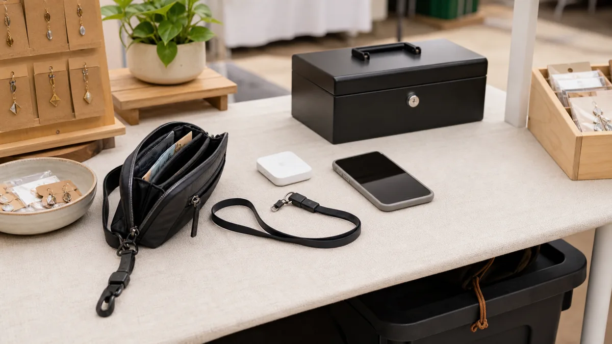 Card reader, cash box and money pouch organized on a vendor booth