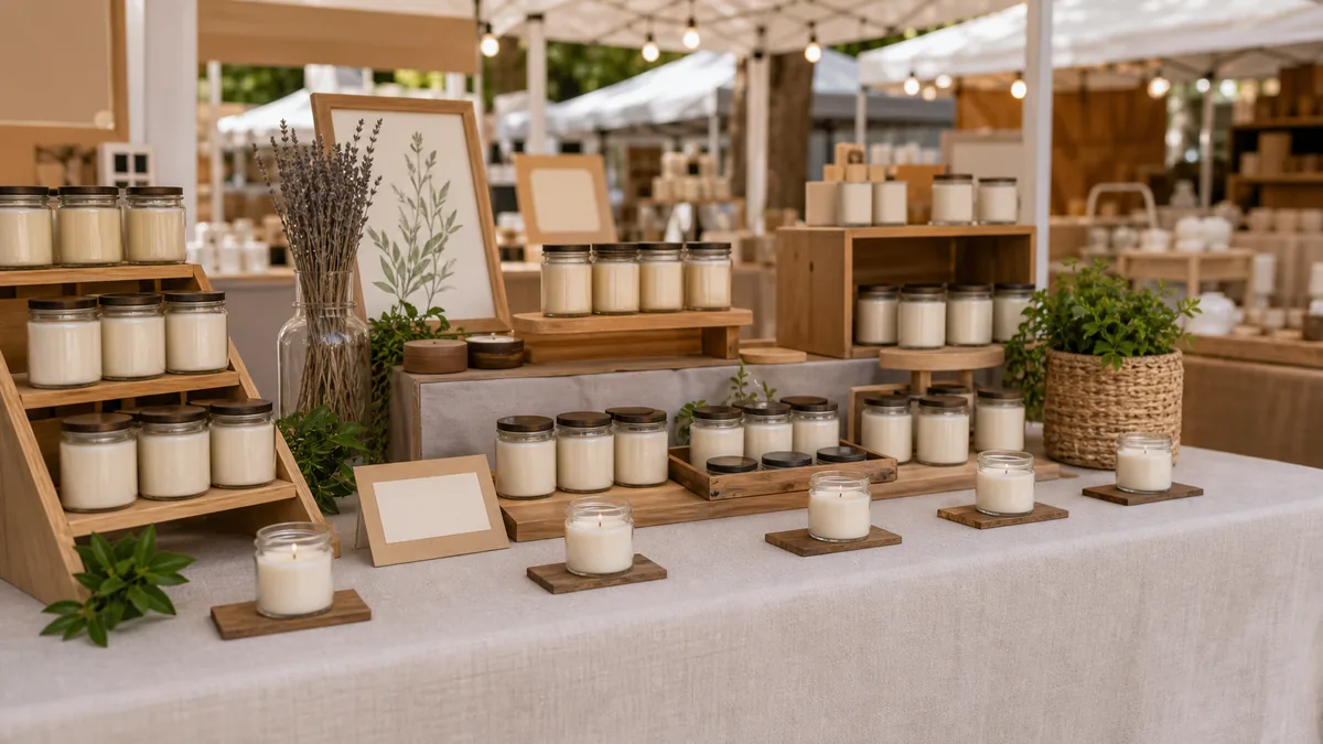 Candle booth display with grouped jars, testers and raised levels