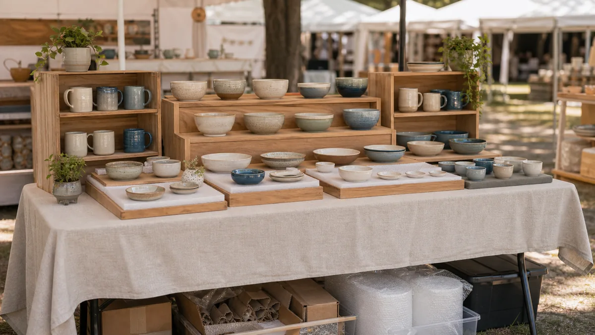 Ceramic booth display with bowls, mugs and fragile pieces on stable supports
