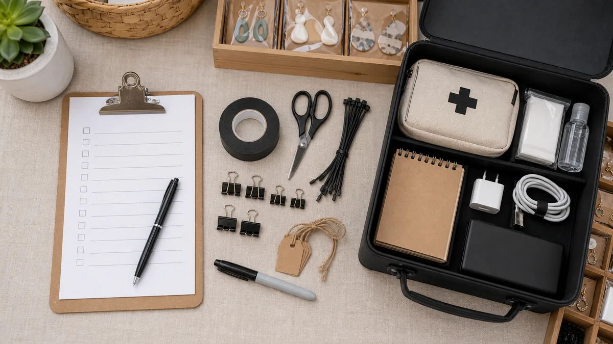 Craft fair emergency kit with tape, scissors, clips and charger