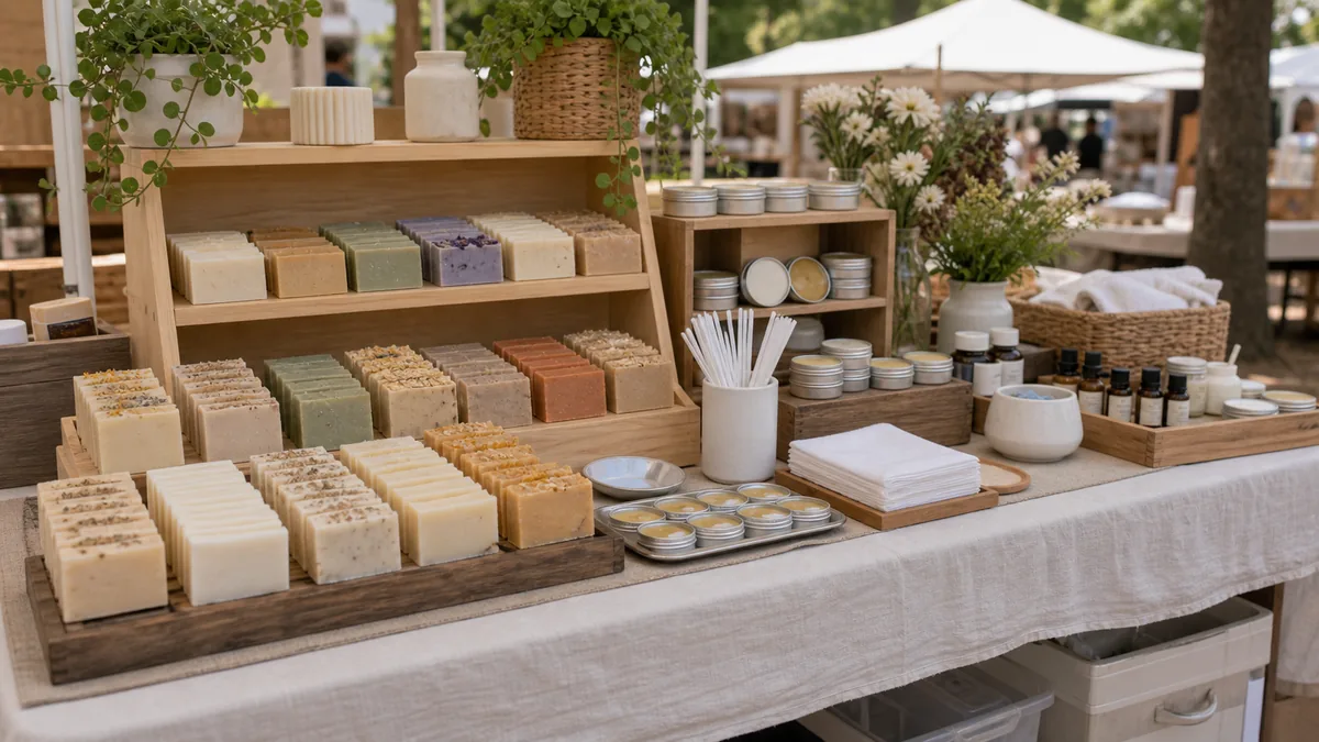 Soap and skincare booth with testers, trays and clean stock separated