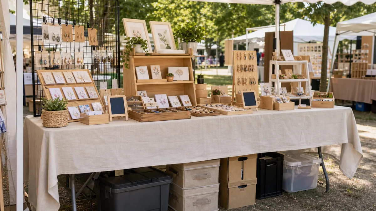 Beginner vendor table with tablecloth, displays and under-table storage